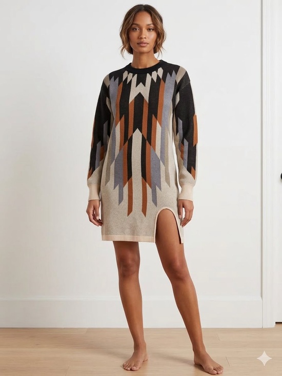 Dresses & Skirts - Women’s Sweater Dress- Geometric Crewneck in blue, Black and Tan-small